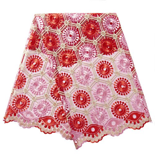 African Beaded Lace Fabric French Voile Lace Embroidery Flower Nigerian Lace Fabric Aso Oke Gele Headtie Scarf: Red
