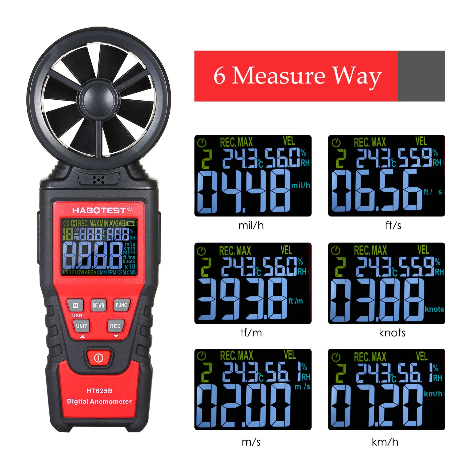 Habotest  ht625a handhållen digital vindhastighetsmätare vindmätare vindmätare för att mäta vindhastighet luftvolym max/min/avg
