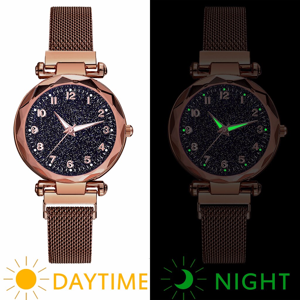 Vrouwen Magneet Gesp Sterrenhemel Lichtgevende Horloge Luxe Dames Rvs Quartz Horloge Relogio Feminino: brown