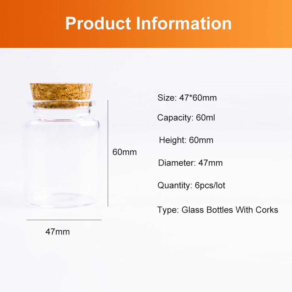 60ml 47*60mm Glass Bottles With Cork Storage Spice Jar Bottle Containers Clear Food Botlles Eco-Friendly DIY Craft Botlles 6pcs