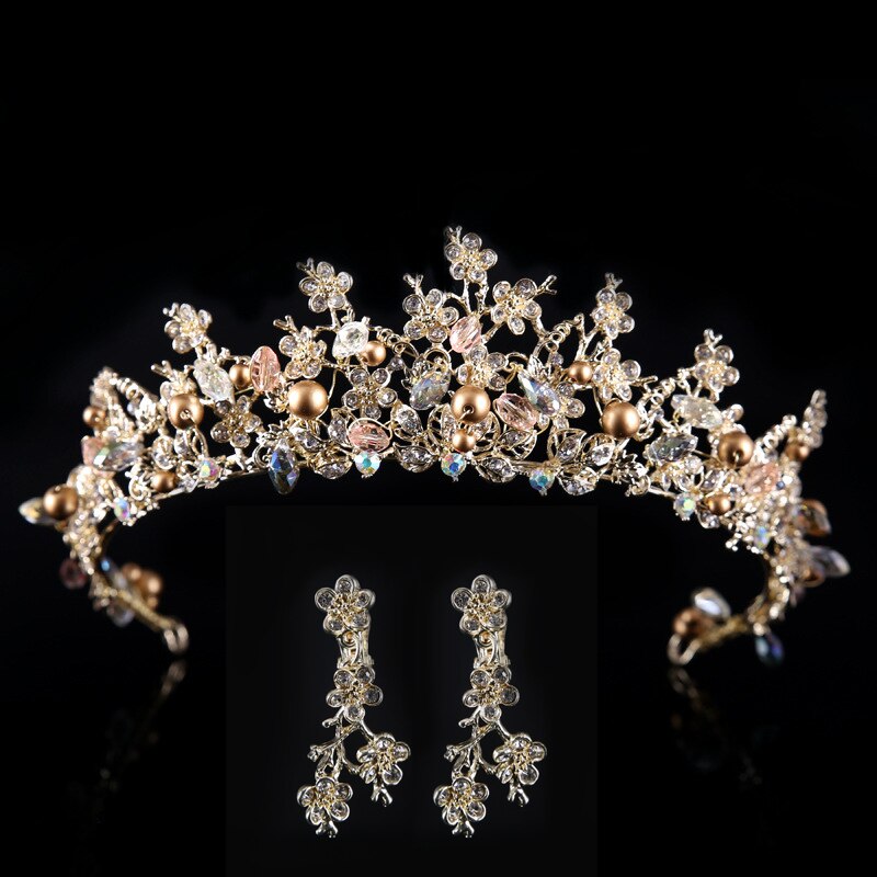Luxe Parel Bruids Kronen Handgemaakte Tiara Bruid Hoofdband Oorbellen Set Kristallen Bruiloft Diadeem Koningin Crown Bruiloft Haar Accessorie