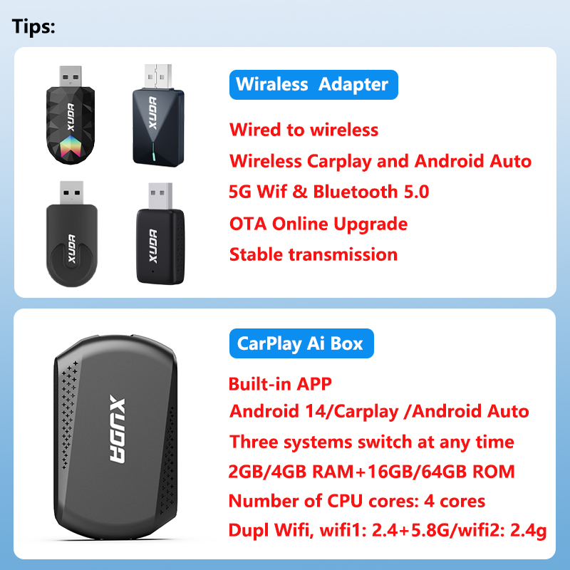 XUDA 2 em 1 sem fio CarPlay AI Mini Box Android Auto Box Plug & Play Conexão automática compatível com 99% de carros para rádio de carro