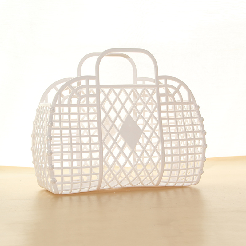 Bolsa de cesta de almacenamiento de plástico plegable, organizador de cosméticos de viaje abierto con de asas dobles, bolsa de playa para lavar a mano fácil de limpiar: Blanco