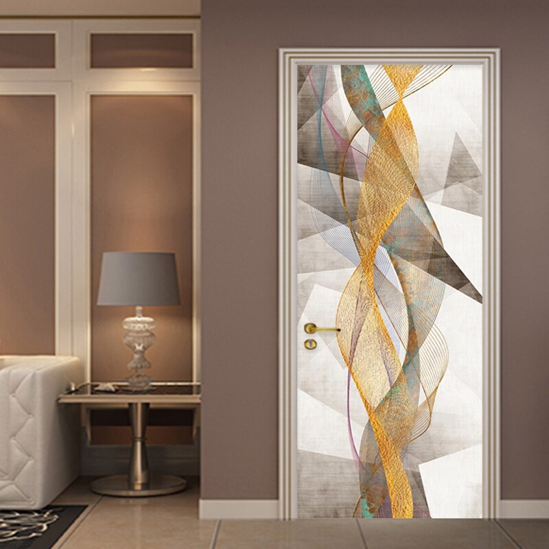 PVC Door Sticker Modern Simple Geometric Gold Lines Mural Wallpaper Living Room Bedroom Self-Adhesive Waterproof 3D Wall Sticker