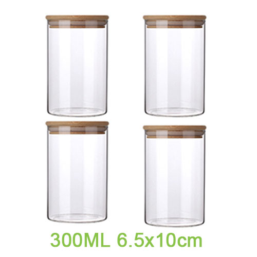 Multi-specifikation glas opbevaring flasker krukker med bambus låg te kaffebønner slik krukke glas boks beholder køkken kan: 300ml 6.5 x 10cm 4 stk