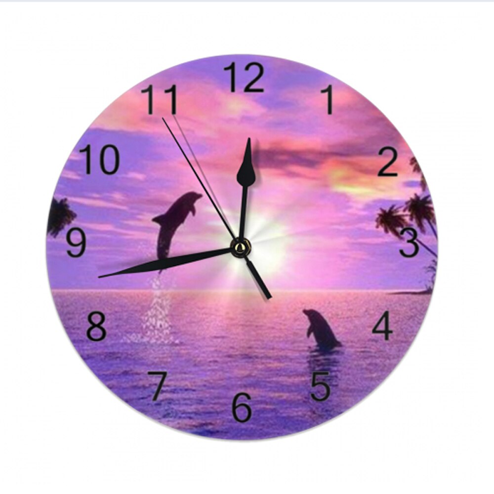 Dolphins Big Round Wall Clocks Decor Numeral Digital Dial Mute Silent Digital Clocks Battery Operated Clocks Living Room Wall