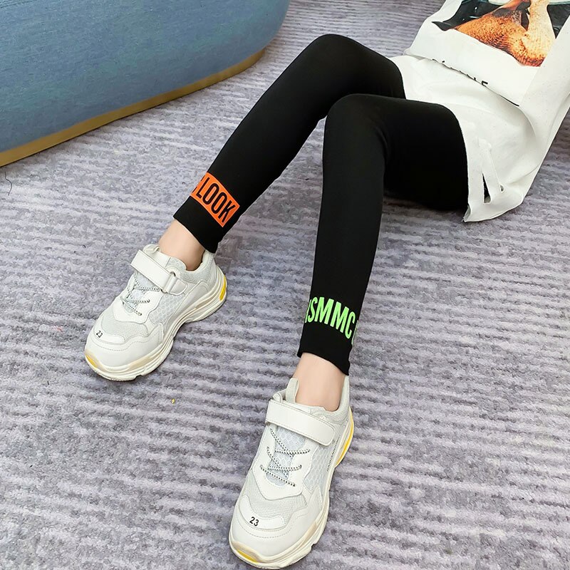 Leggings de printemps et d&#39;automne pour adolescentes, pantalons d&#39;école en coton avec lettres imprimées en noir et gris, pour enfants de 8, 10, 12 et 14 ans