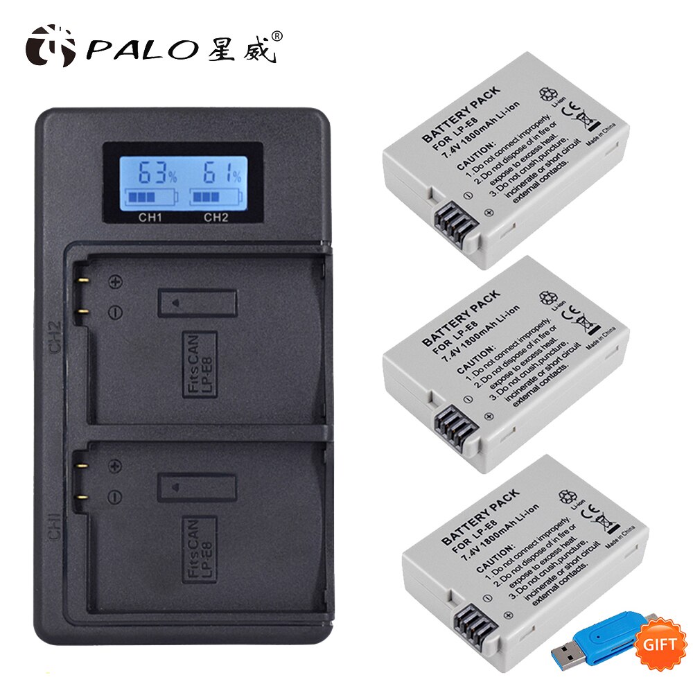 LP-E8 LP E8 LPE8 Batterie pour Appareil Photo Canon EOS 550D 600D 650D + Chargeur LCD pour 700D Baiser X4 X5 X6i X7i Rebelles T2i T3i T4i T5i Batte: 3battery and charger