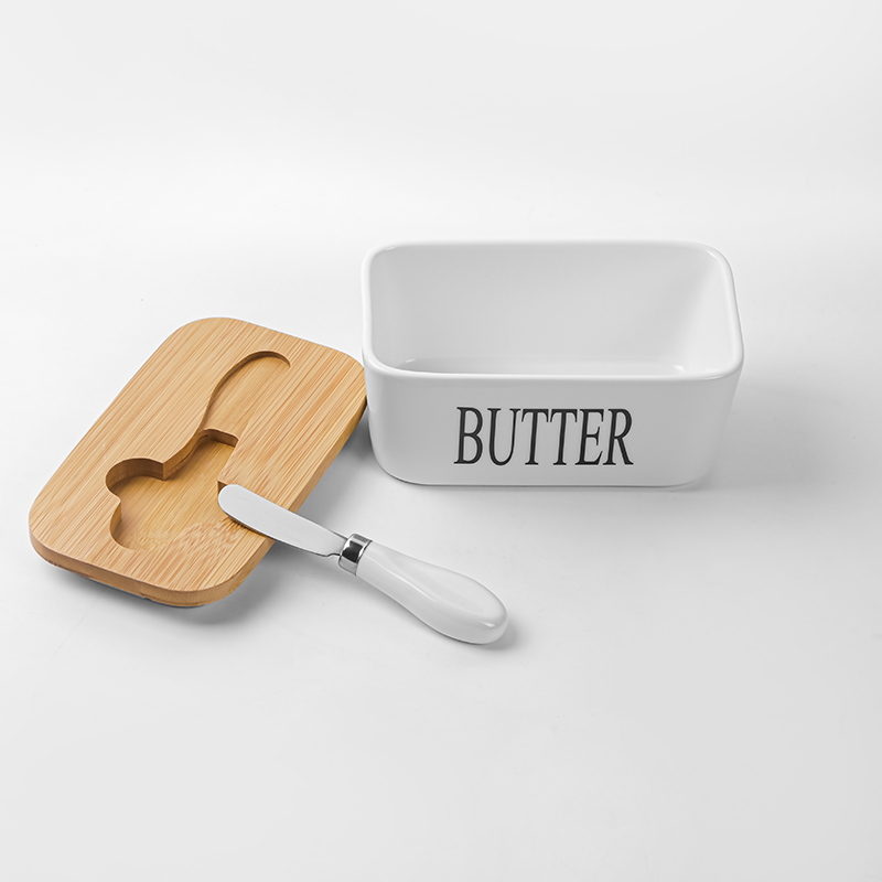 Ceramic Wooden Butter Box Cheese Tray Rectangular White Dish with Lid Oil Container for Butter Keeps Butter Storage Case Jar
