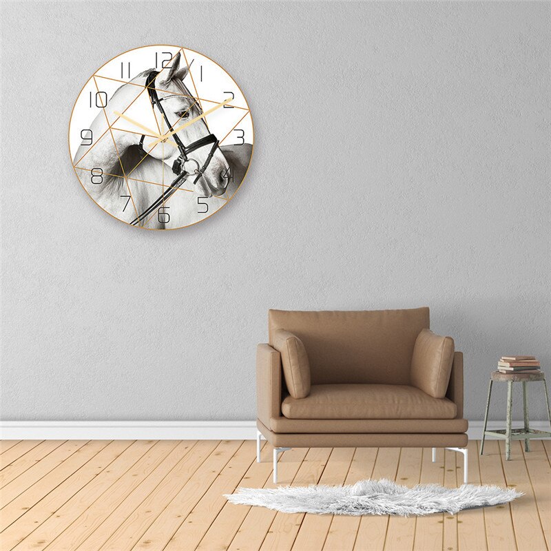 Horloge murale à 3d niveaux avec motif cheval blanc et coutures, style nordique et moderne, style phnom penh, décoration de salon