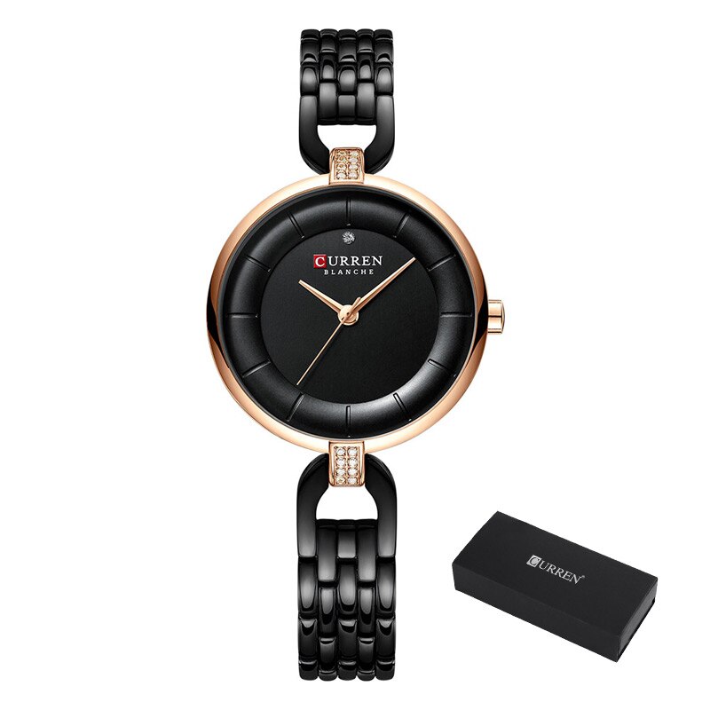 Curren zwarte dameshorloge met armband, luxe quartz analoog roestvrij staal, waterdichte dameshorloges: Zwart met doos