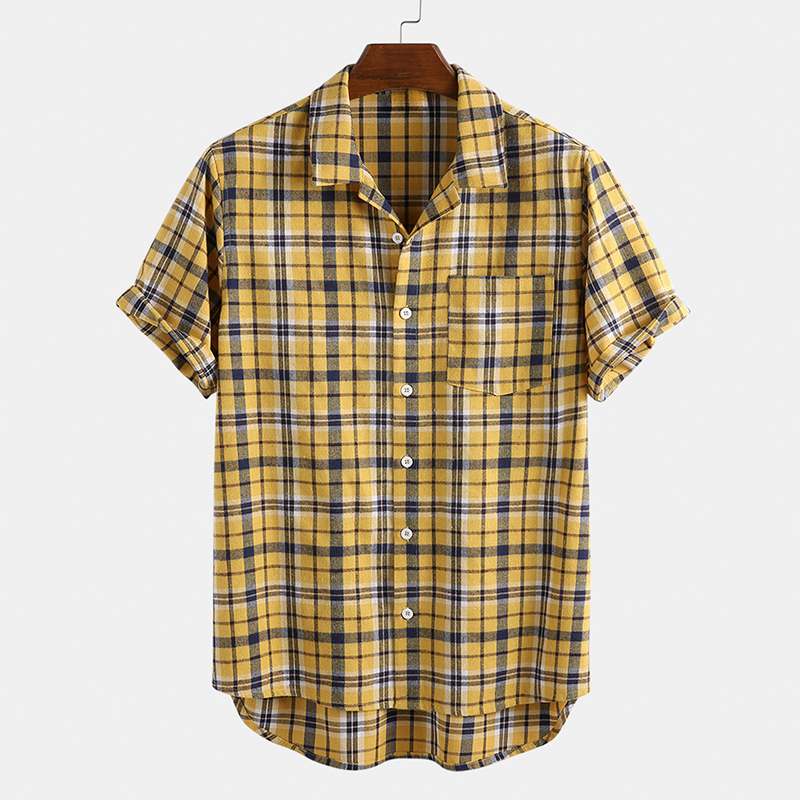 Sommer herre rutete skjorte bomull kortermet jakkeslag pustende skjorter herre ferie uformell streetwear knapp hawaiisk bluse: Gul / M