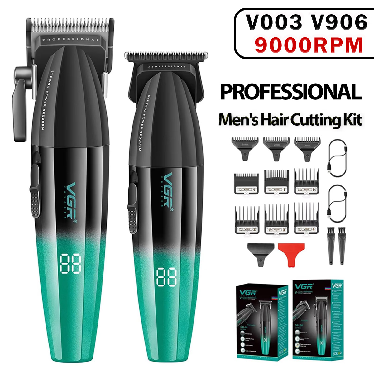 Vgr 003 906 profissional fade máquina de cortar cabelo sem fio aparadores para homens conjunto carga usb display led kit corte cabelo