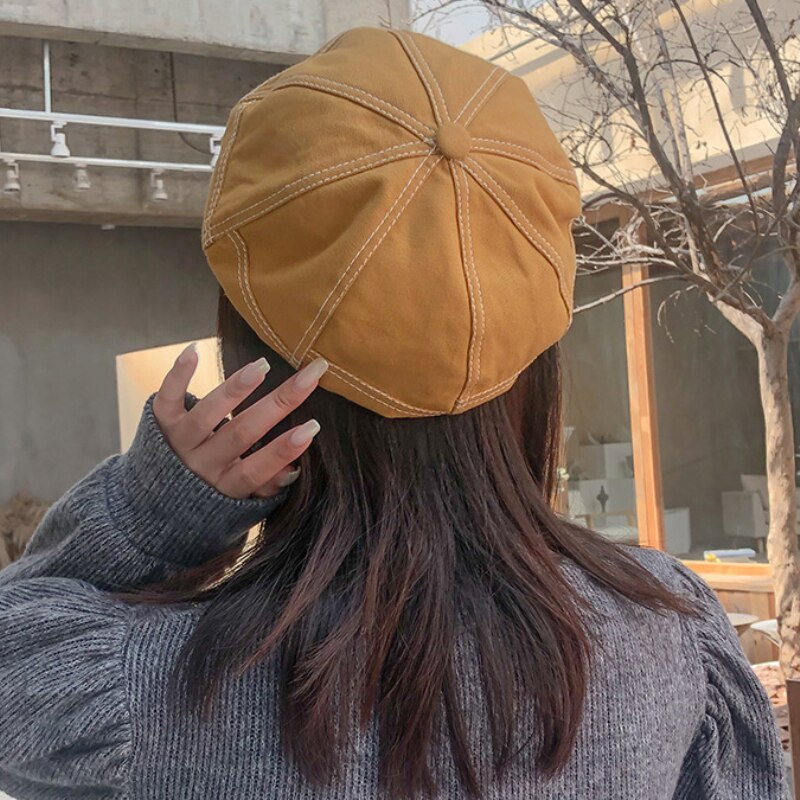 HT3319 Women Berets Spring Autumn Women Hat Retro Leather Belt Octagonal Newsboy Cap Ladies Solid Plain Artist Painter Beret Hat