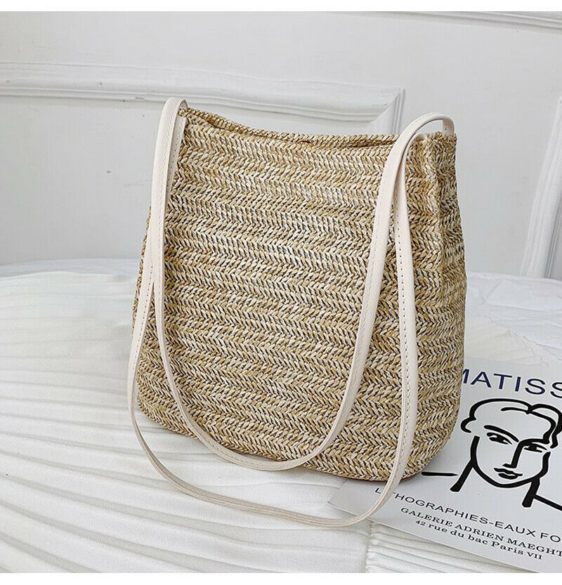 Boheemse dames schoudertas handgeweven rotan stro tas grote capaciteit zomer strandtas: Witte band