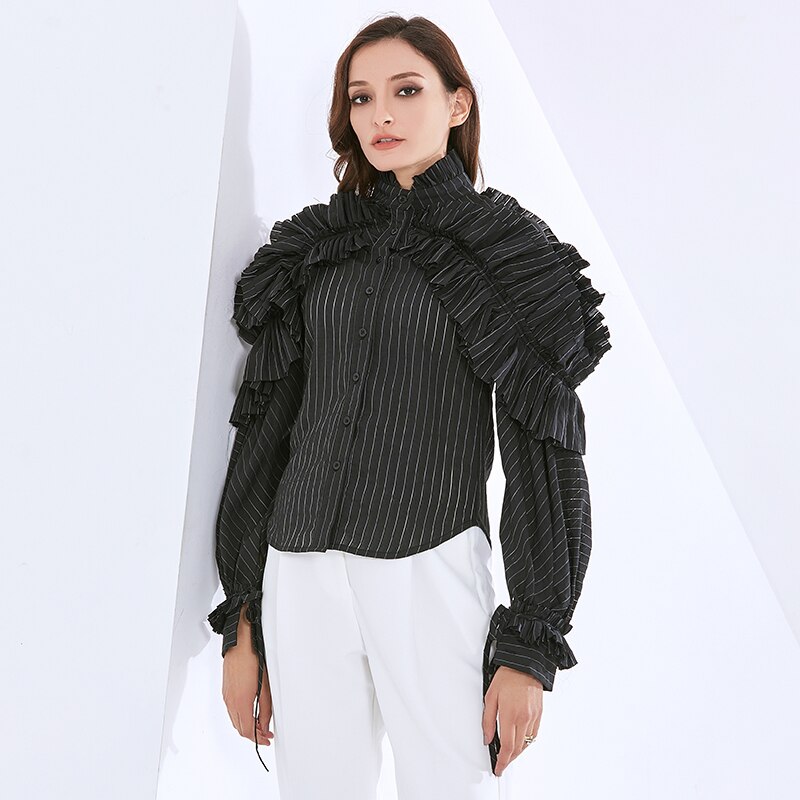 TWOTWINSTYLE-Blusa de manga larga con volantes para mujer, camisa con cuello levantado, estilo de ropa a la ,