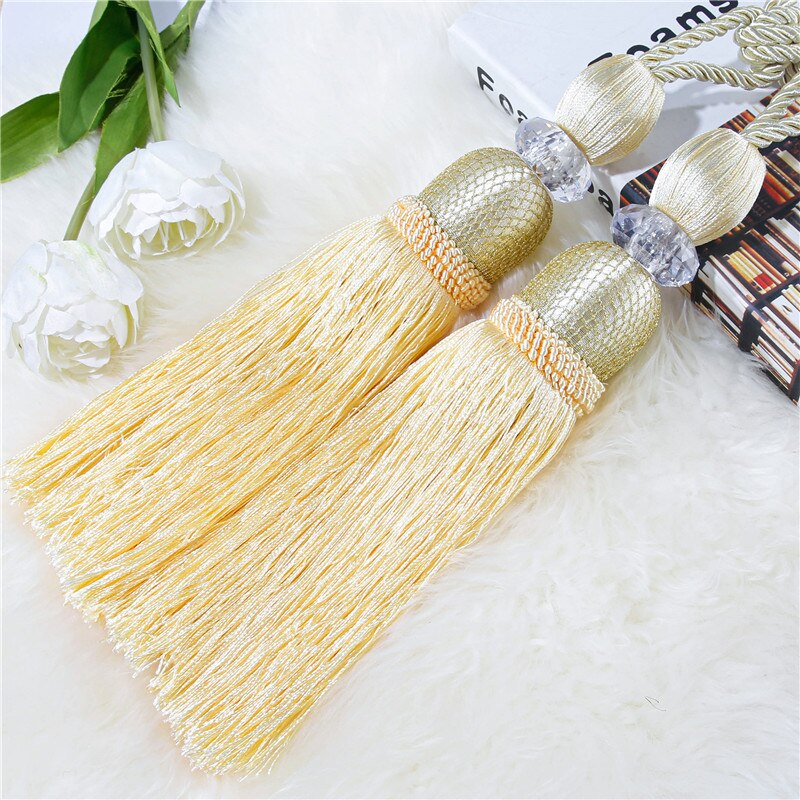 YokiSTG – embrasses en maille dorée pour rideaux, accessoires de luxe avec pompon, décoration de la maison, 2 pièces: Light Yellow-A