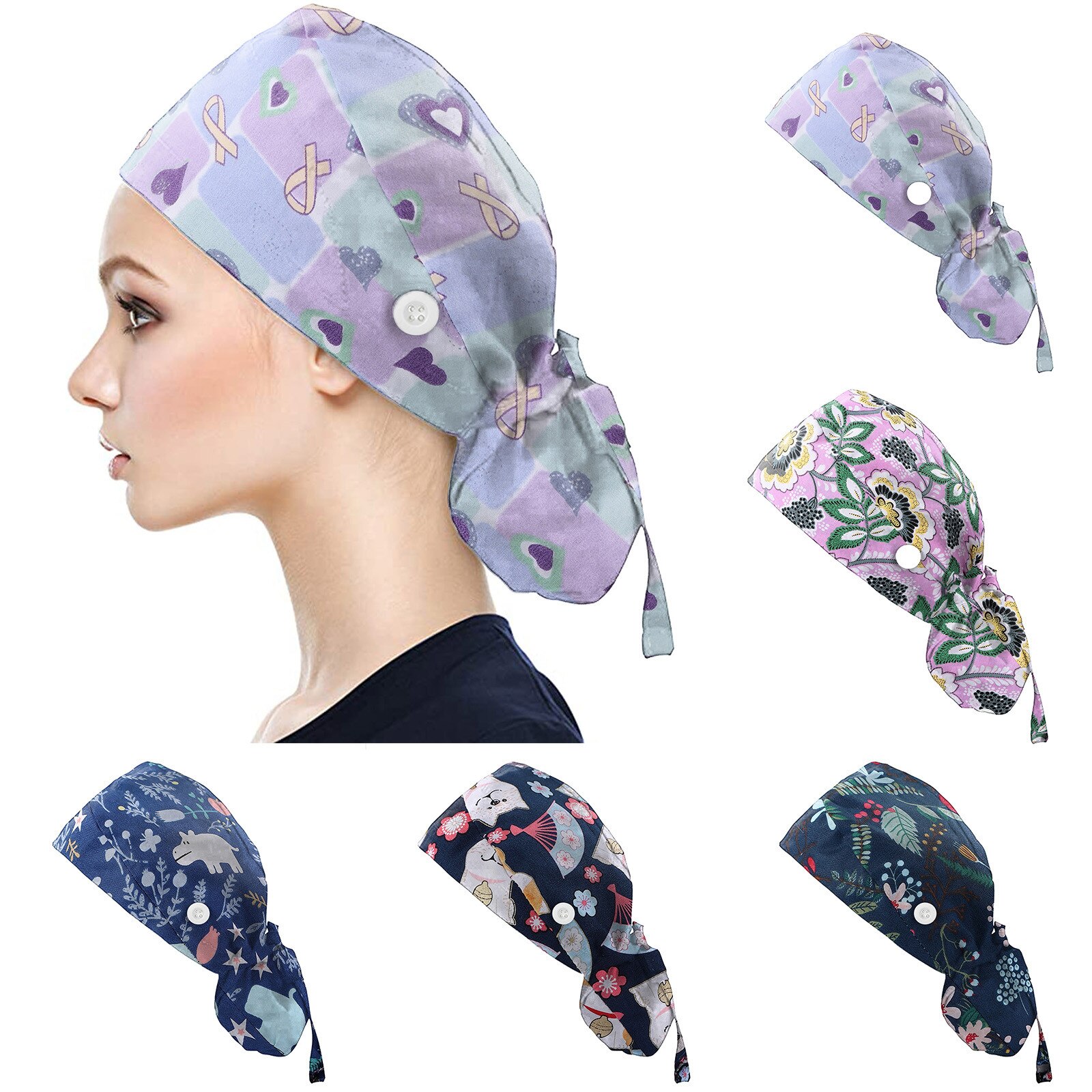 Hats For Women Cotton Printed Nurse Hat Scrubs Cap Nurse Accessories Buttons Bouffant Hat Sweatband Gorro quirúrgico