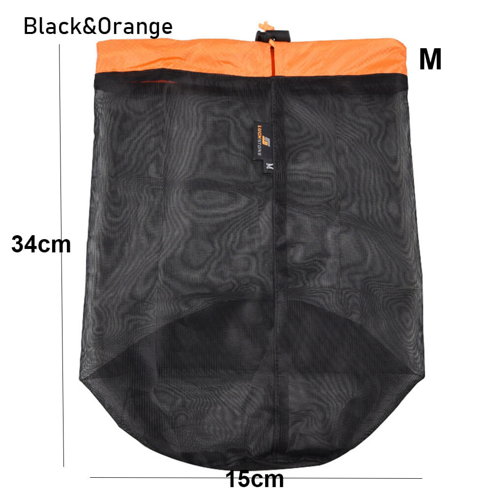 1Pc Drawstring Storage Bag Outdoor Stuff Sack Camping Sport Ultralight Mesh Traveling Organizer Hiking Tool Accessories: M - black  orange