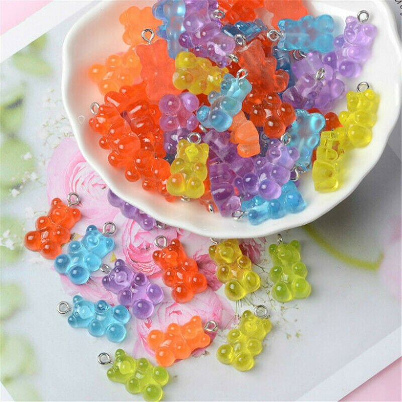 50Pcs Cute Resin Gummy Bear Pendant Charms for Cartoon Necklace Bracelet Earrings Jewelry Findings DIY 0.82*0.43in