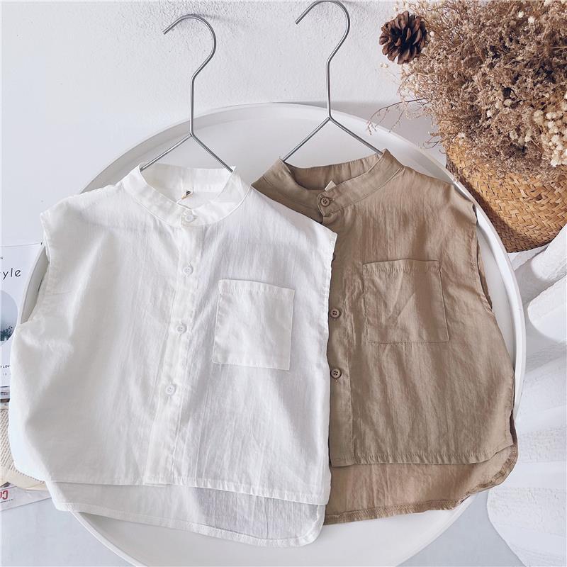 Jongens Mouwloos Shirt Met Pocket 2022 Zomer Koreaanse Kinderen Effen Kleur Casual Button Shirts Knappe Kinderkleding WT763