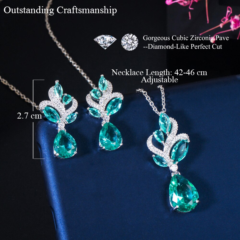 Pera Elegante Stile Coreano Luce Blu Cubic Zirconia Donne di Modo Del Pendente del Foglio Della Collana di Acqua Orecchini A Pendaglio Set di Gioielli J151