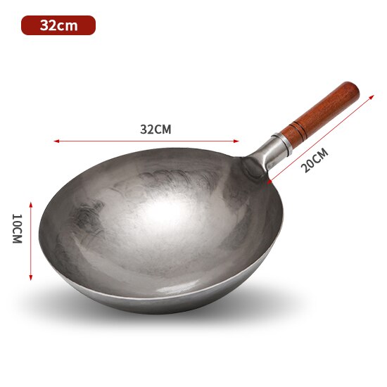Konco Chinese Traditionele Hand Geslagen Wok, Geen Coating Ijzeren Wok Met Houten Handvat, non-stick Pan Keuken Kookgerei: 32cm