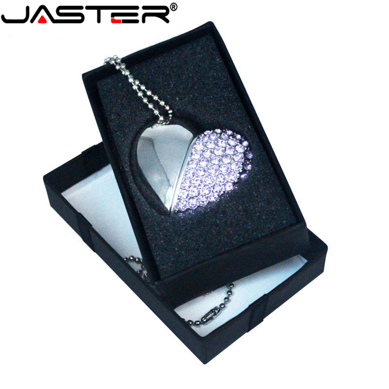 JASTER-unidad Flash USB, cristal, corazón de amor + caja, piedra preciosa 4G/ 8G/ 16G/ 32G /diamante, de boda