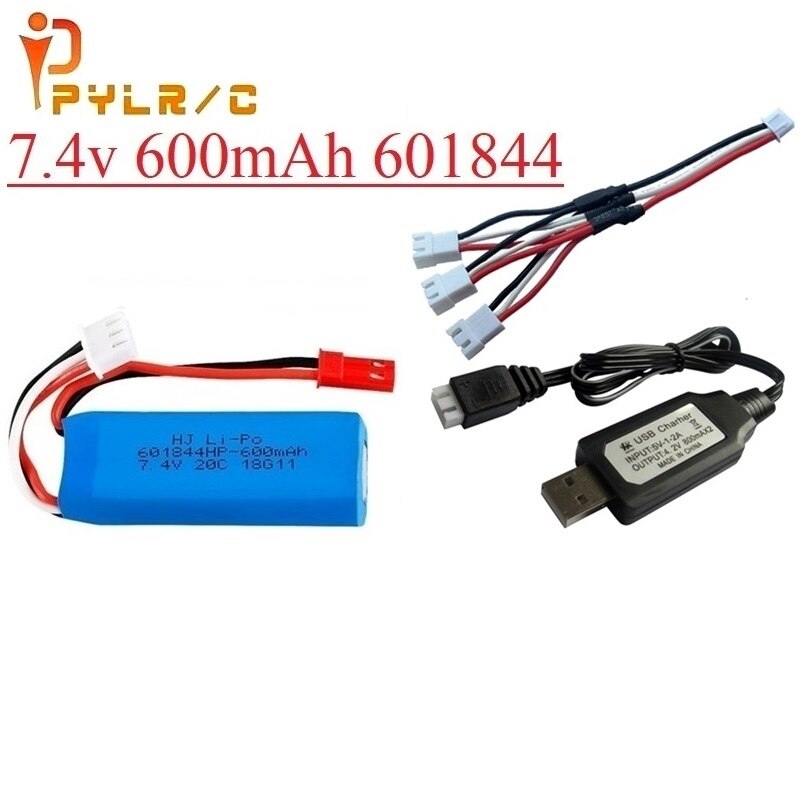 Upgrade 7.4V 600mAh 601844 Lipo Battery with USB charger for WLtoys K969 K979 K989 K999 P929 P939 RC Car Parts 2s 7.4v Battery: 1B USB C