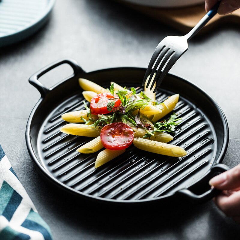 Ceramic Round Binaural Western Food Steak Pizza Chicken Wings Baking Dish Cheese Baked Rice Microwave Oven Special Dinner Plate