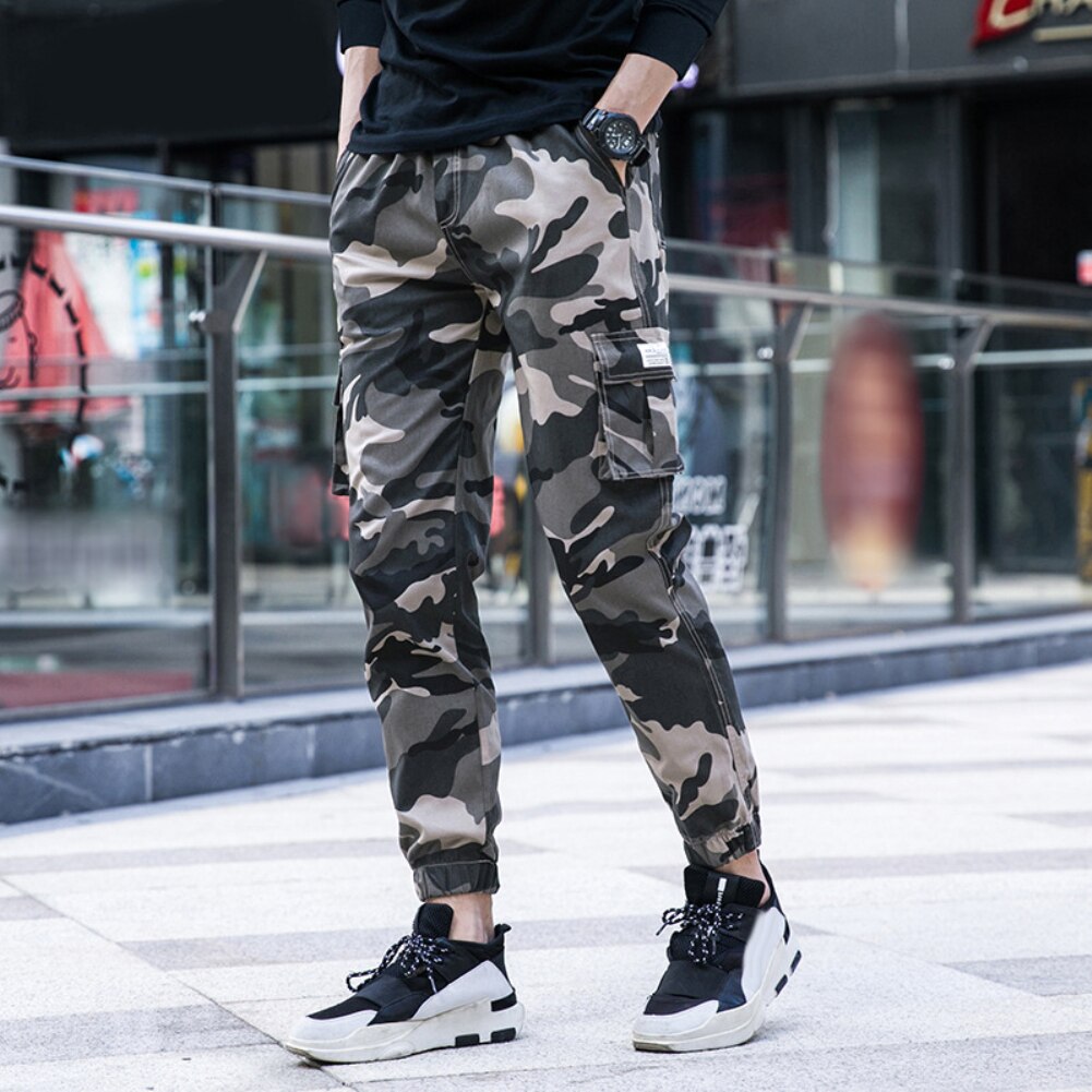 Camo Mannen Werkkleding Broek Dunne Multi-Pocket Enkel Stropdas Elastische Taille Straight Cargo Broek Met Meerdere Zakken