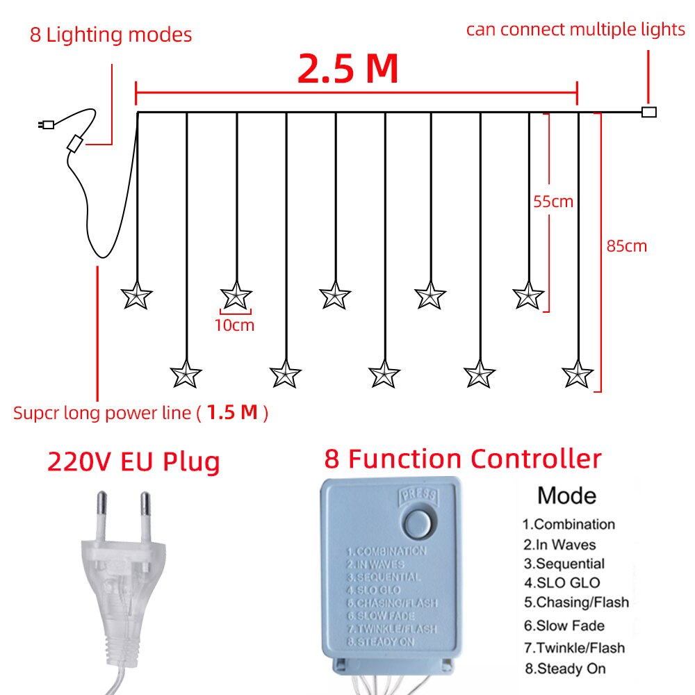 2,5 M cortina de luz LED estrella guirnalda de Navidad 220V UE iluminación exterior/interior cadena lámpara de hadas boda Decoración