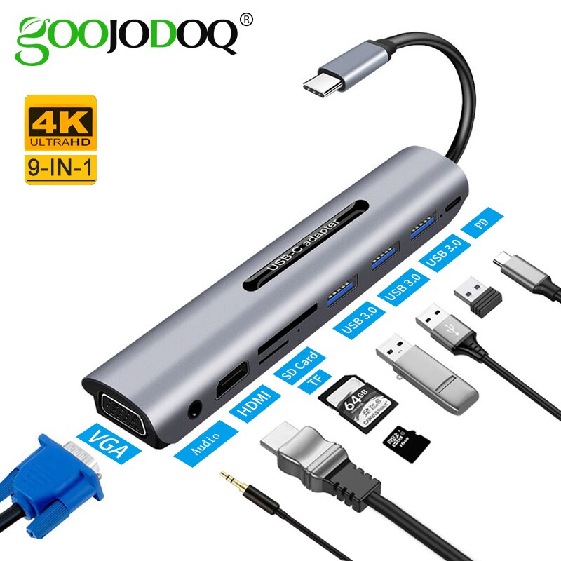 Goojodoq 9 Poorten Usb C Hub Naar Hdmi Vga RJ45 Gigabit Ethernet Adapter Dock Pd Oplader Voor Macbook Pro air Multi Type C Hub