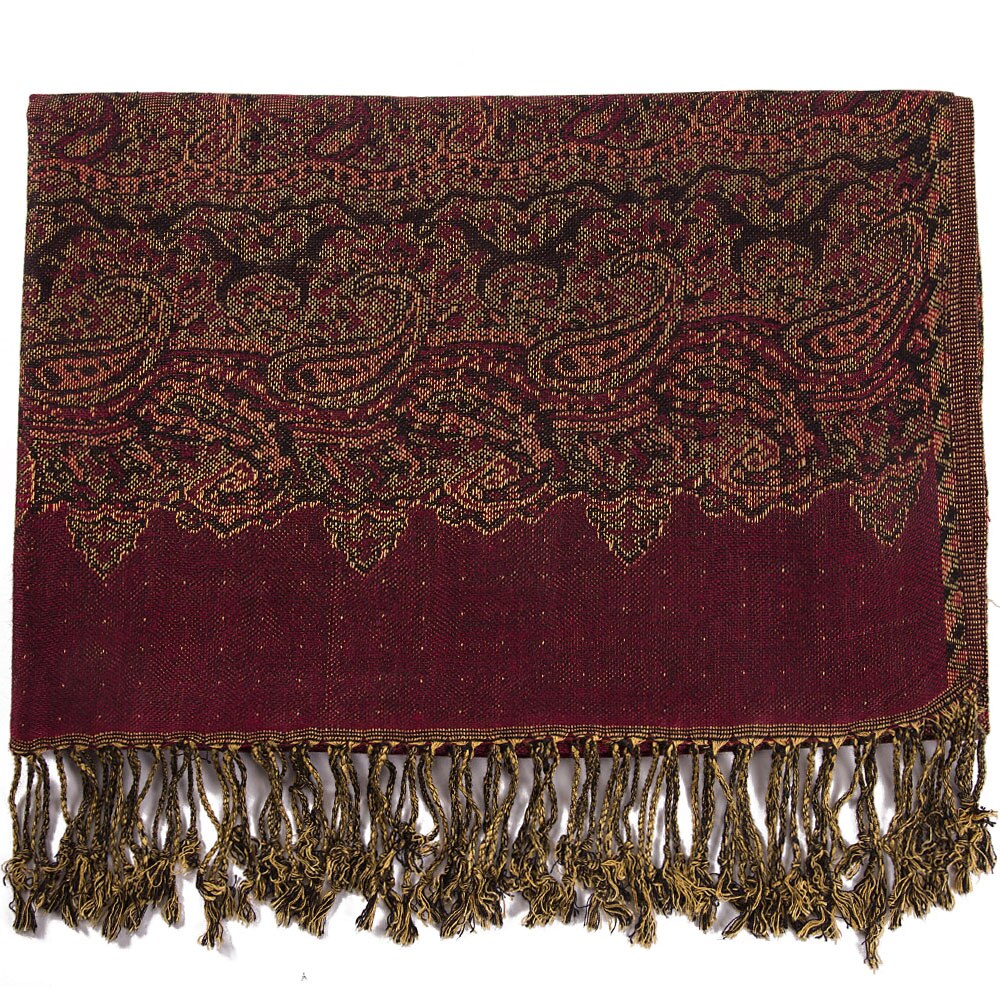 Paisley frontières Pashmina soie 2 tons écharpe enveloppement châle tête foulards léger grand mince glands longs: Wine