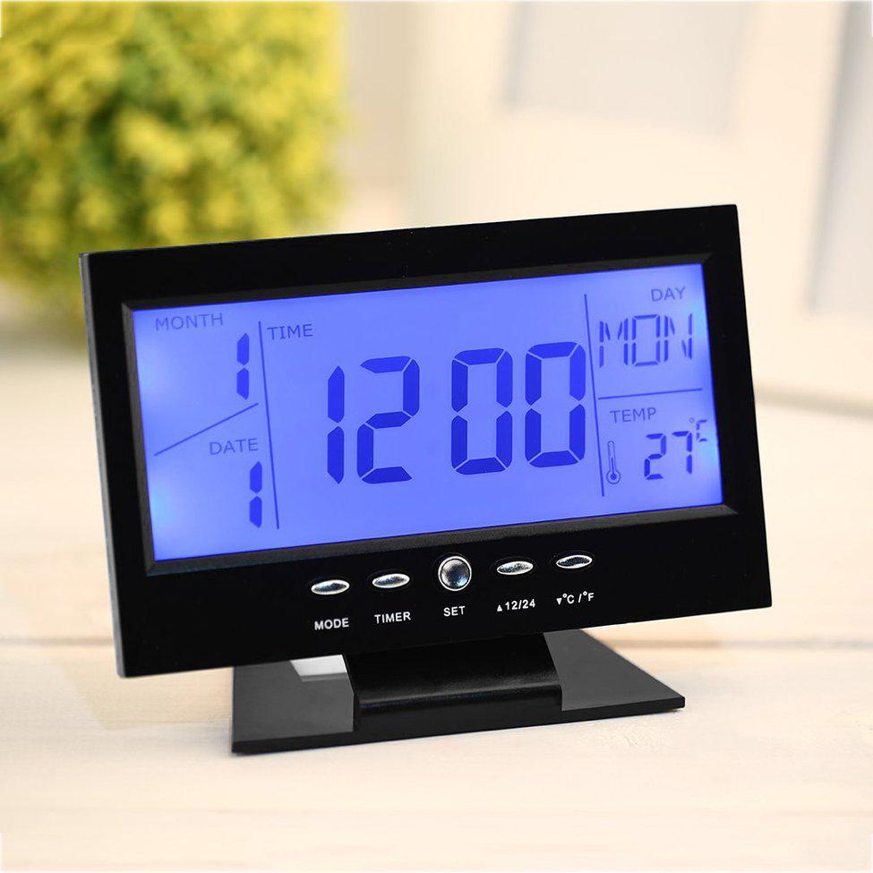 LCD Screen Digital Clocks Thermometer Indoor Humidity Monitor Electronic Display Temperature Voice Control Alarm Clock Calendar: Black