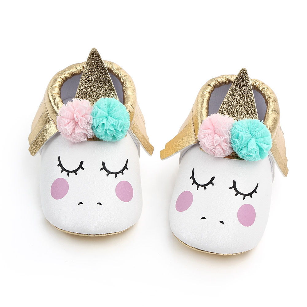 toddler baby girl flowers unicorn shoes plush PU shoes soft bottom crib shoes spring and autumn first step 0-18M