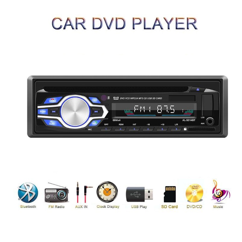 12V 1 DIN Bluetooth Car Radio Player Stereo DVD CD FM MP3 Audio 5V-Charger USB SD MMC AUX Auto Electronics In-Dash Autoradio