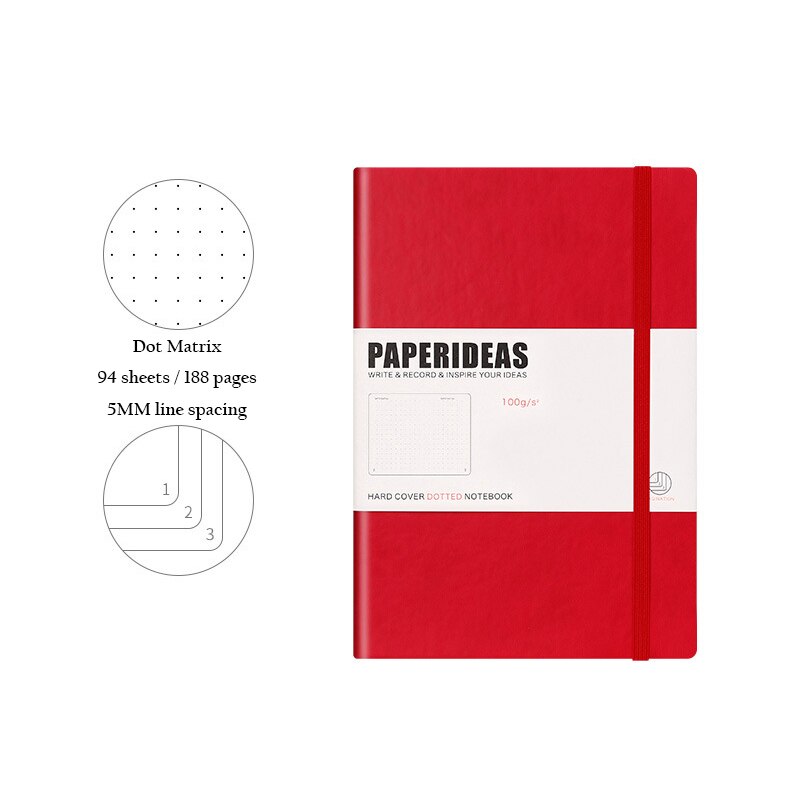 Hardcover A5 Dot Matrix Notebook Dot Ding Planner 100GSM 188 Pages Acid-free Paper Notepad Supplies Stationery D40: red