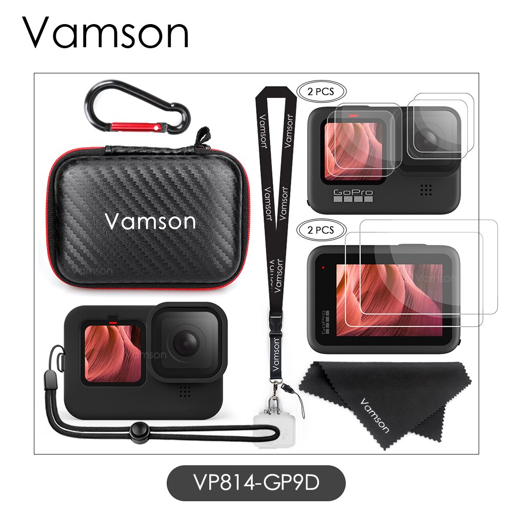 Vamson tilbehørssæt til gopro hero 10 9 sort mini bæretaske hærdet glas skærmbeskytter ærmesnor til go pro 9: Vp814- gpd