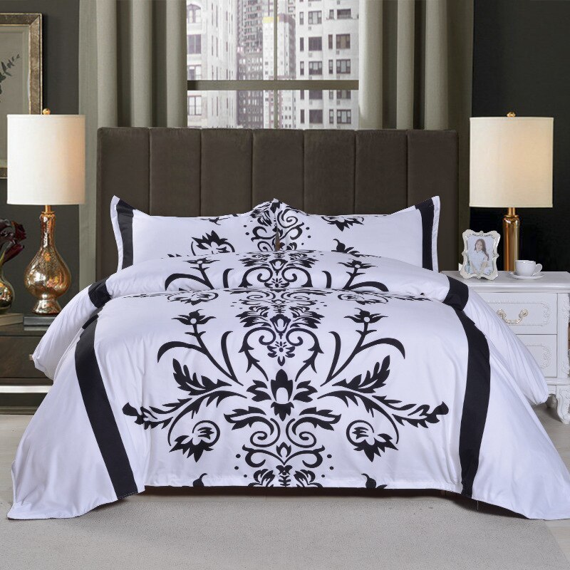 Kort hvid sort blomstertryk sengetøjssæt dronning 3 stk 228 x 228cm sengelinned dynebetræk med pudebetræk (uden ark uden fyld)