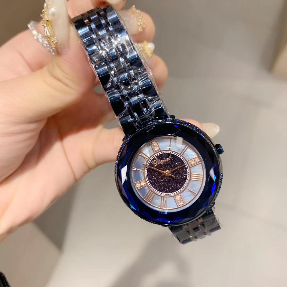 Noble bleu Anti décoloration pleine acier Bracelet montres femmes grande taille Montre neutre Quartz romain Montre-Bracelet à facettes cristaux Montre: Bleu