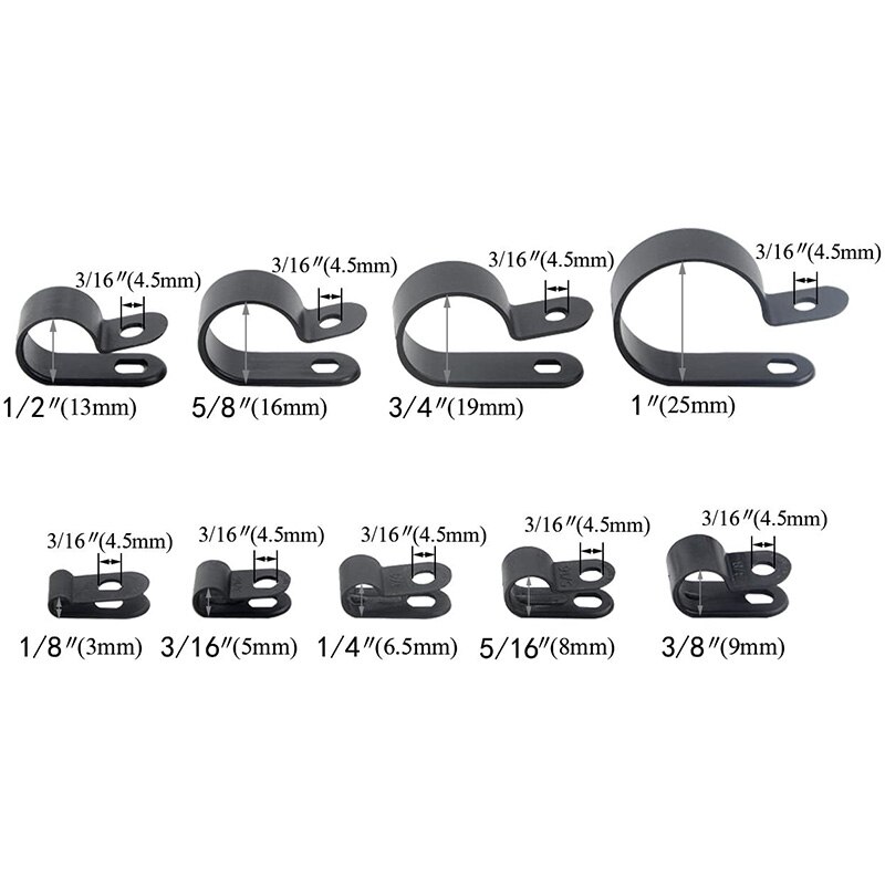 450 stk sorte nylon skruetråd clips r-type kabel clip klemme fastgørelser slange clips sortiment - 9 assorterede størrelser