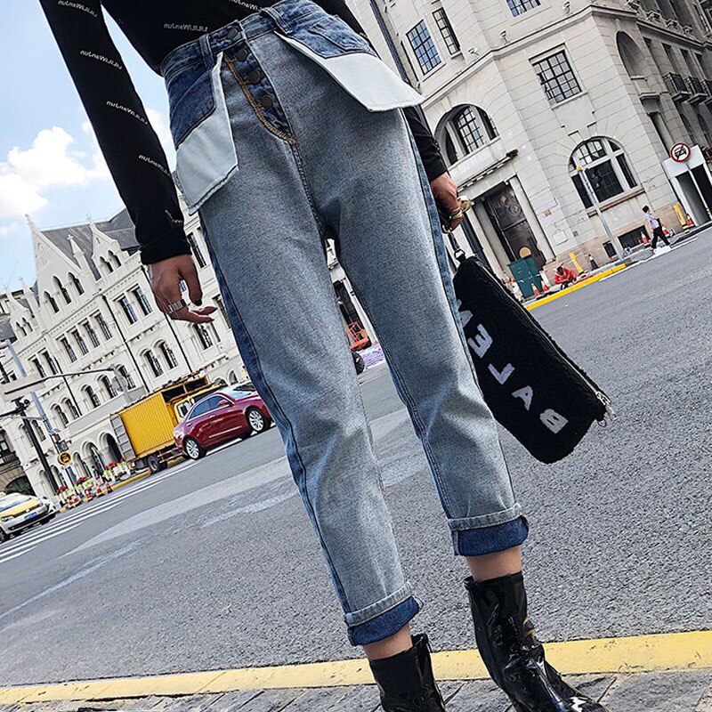 Dames mom jeans met hoge taille boyfriend jeans voor dames met knopen, patchwork losse rechte denim jeans: Stijl 2 lichtblauw / S