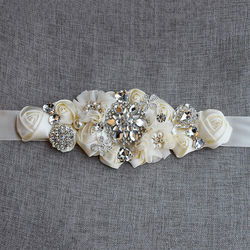 Cinturones de boda de cristal, apliques de flores de satén, banda de diamantes de imitación, accesorios de boda, cinturón de novia: Milk White