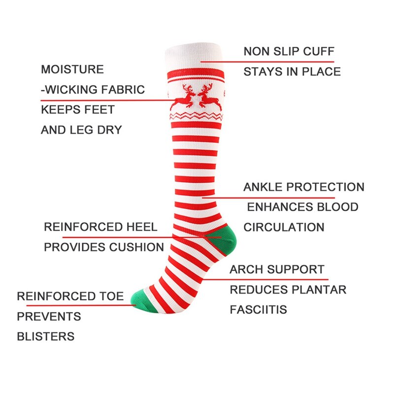 1 pair Compression Socks Knee High/Long Christmas Cap Tree Deer Striped Printed Polyester Nylon woman socks