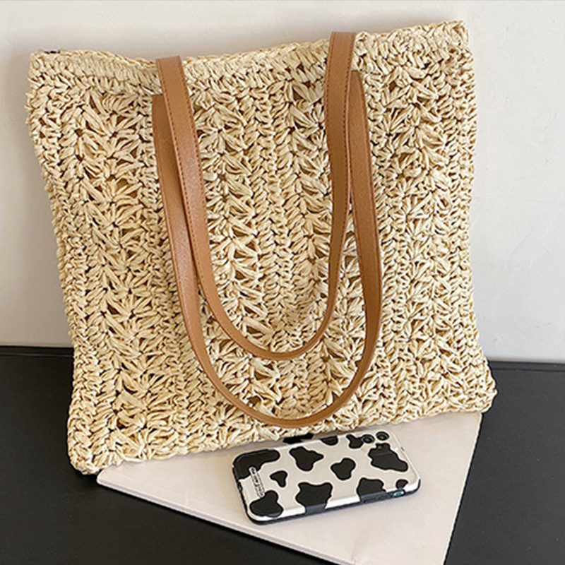 Sac de paille ajouré pour femmes, sac à bandoulière de grande capacité fait à la main en rotin, fourre-tout de voyage tissé plage Shopping,