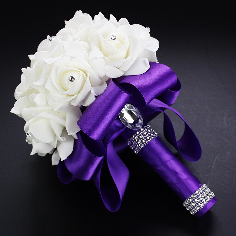 Handmade Beautifu Lilac Bridal Bridesmaid Flower Wedding Bouquet Artificial Rose Ribbon Crystal Bouquets de noiva: Purple