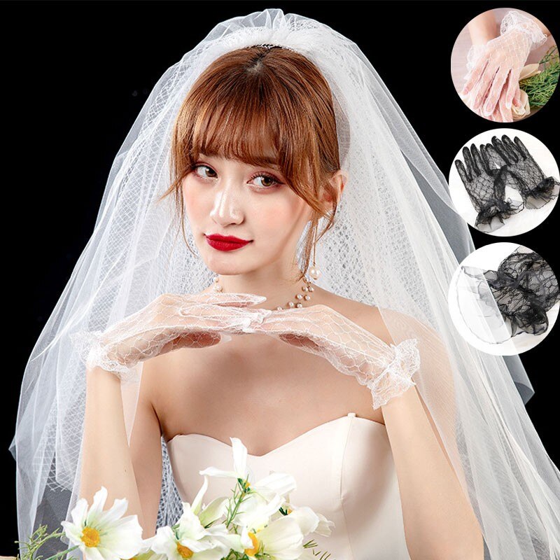 Ranmo Bruid Jurk Handschoenen Kant Korte Paragraaf Zwart Wit Wanten Charmante Dame Vrouwen Handschoen Met Vingers Bruiloft Accessoires