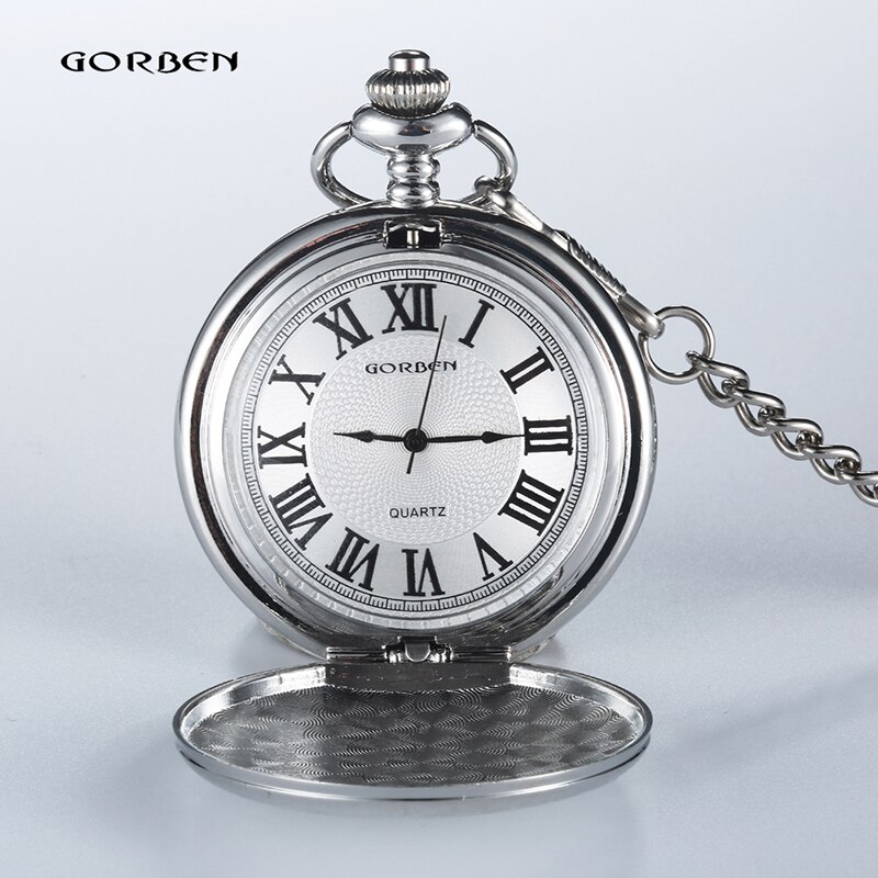 Retro Gobren Romeinse Cijfers Verzilverd Carving Zakhorloge Mode Klassieke Heren Analoge Quartz Horloge Fob Ketting Met Doos