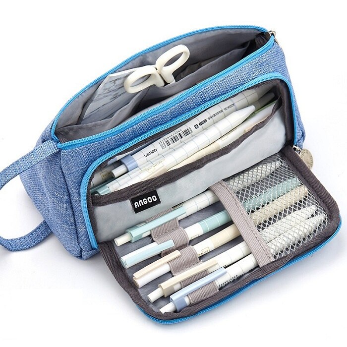 Solid Color Dark Grey Pencil Pouch Big Capacity Pen Bag Side Open Stationery Tools Case Make Up Bag Pencil Bag School Girl: light blue